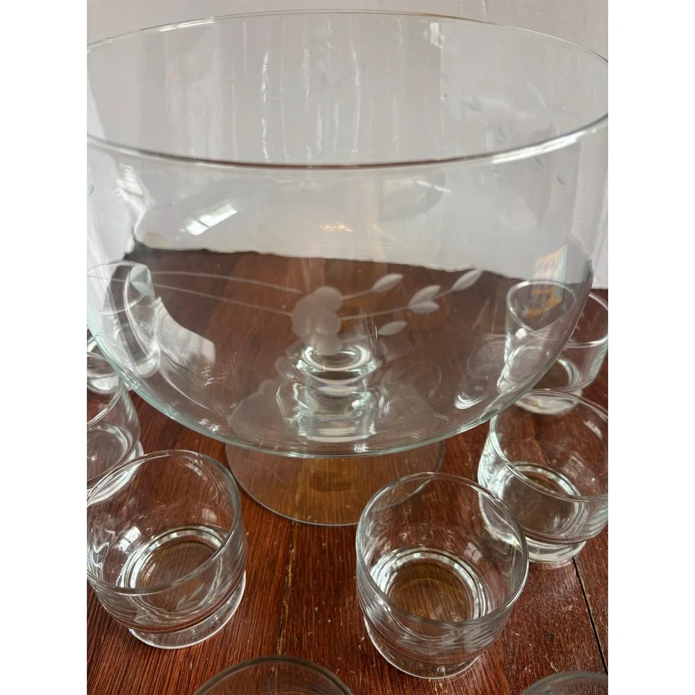 Princess House Heritage Etched Glass Punch Bowl Set with 10 Cups Floral‎ Vintage
